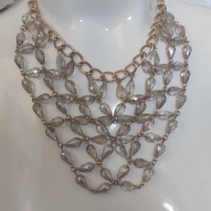 Clear Beaded Crystal Rhinestone BLING Bib Necklace Gold M HASKELL STATEMENT New